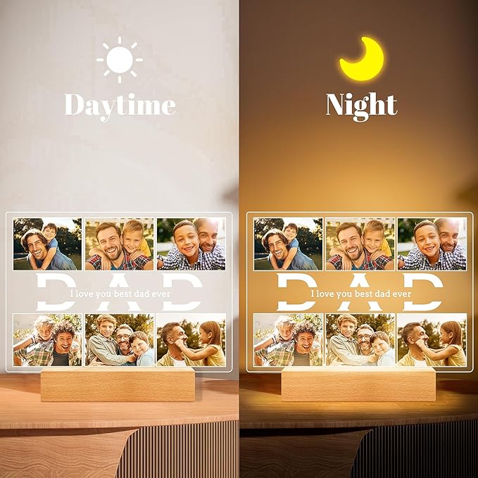 Personalized Birthday Gifts for Dad from Daughter Son, Custom Picture Frames with Photos, Customized Photo Frame with Night Light, Personalized Photo Gifts for Dad Baby Kid Family