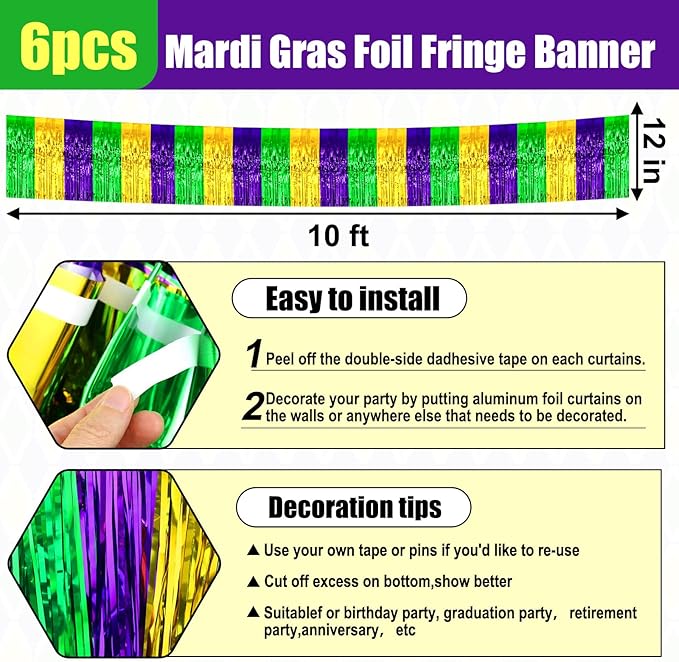 6 Pack 10 Feet Gold Green Purple Foil Fringe Garland Metallic Tinsel Streamers Banner Wall Hanging Curtain Backdrop for Parade Floats, Birthday, Graduate, Mother's Day, Wedding Party Decoration