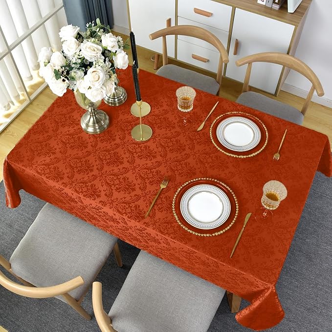 SASTYBALE Jacquard Rectangle Tablecloth, Rusty Spill-Proof Wrinkle Resistant Damask Table Cloth, Soft Polyester Oblong Table Cover for Kitchen Parties Thanksgiving - 52x 70 Inch Rust