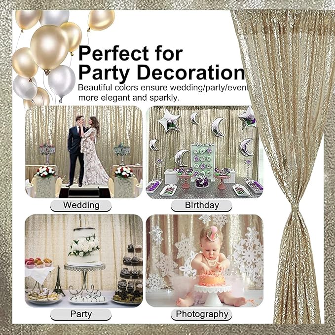 Champagne Gold Sequin Backdrop Curtains Glitter Drapes 2FT x 8FT 2 Panels for Wedding Birthday Party Decorations Bridal Baby Shower Party Supplies Sparkly Photography Background
