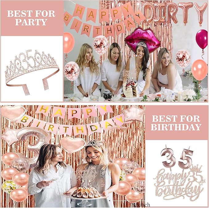 35th Birthday Decorations for Women Including Sash, Tiara/Crown, Numeral Candles and Cake Topper, Rose Gold 35th Birthday Gifts for Women, Rose Gold Party Decor Supplies