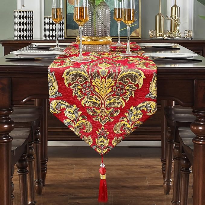 Exquisite Red Table Runner Large 108 inch Tassels Dazzling Vintage European Floral Chenille Fabric