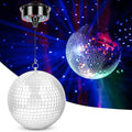 Disco Ball with Motor and Light, 8" Hanging Mirror Ball and 6RPM Batteries Powered Rotating Motor with 4 Light Colors and 18 LEDs for Disco Party Decoration, DJ Club