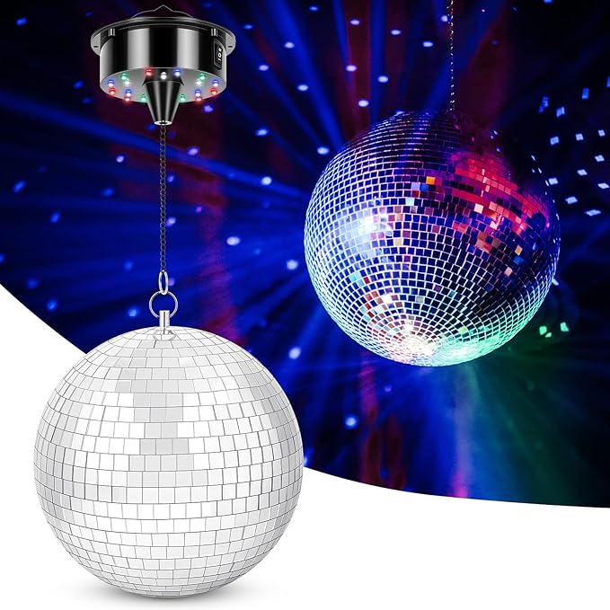 Disco Ball with Motor and Light, 8" Hanging Mirror Ball and 6RPM Batteries Powered Rotating Motor with 4 Light Colors and 18 LEDs for Disco Party Decoration, DJ Club