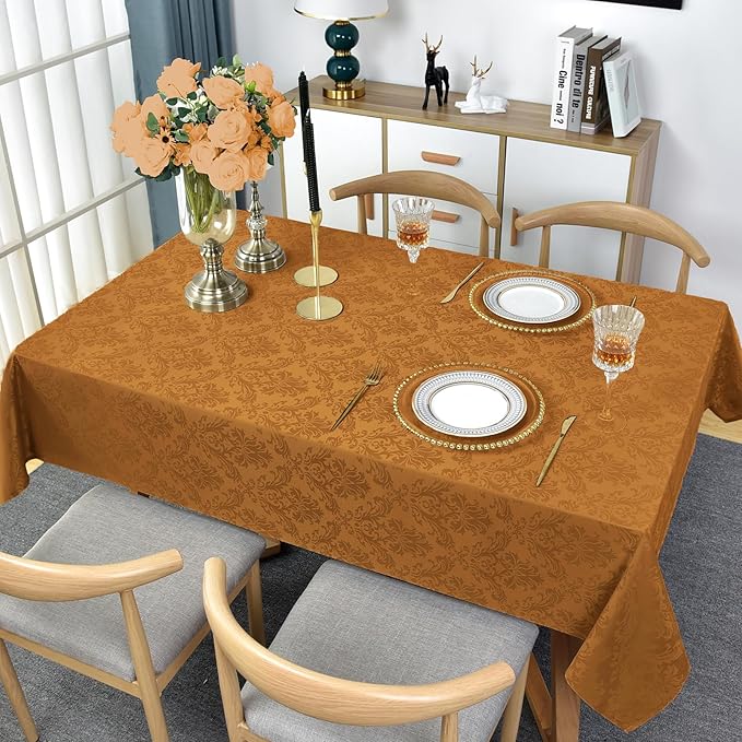 Rectangle Table Cloth - 52 x 70 Inch Brown Jacquard Tablecloths Damask Design Spillproof Wrinkle Resistant Shrinkproof Soft Tablecloth Polyester Oblong Table Cover for Kitchen Dinning Party Tabletop