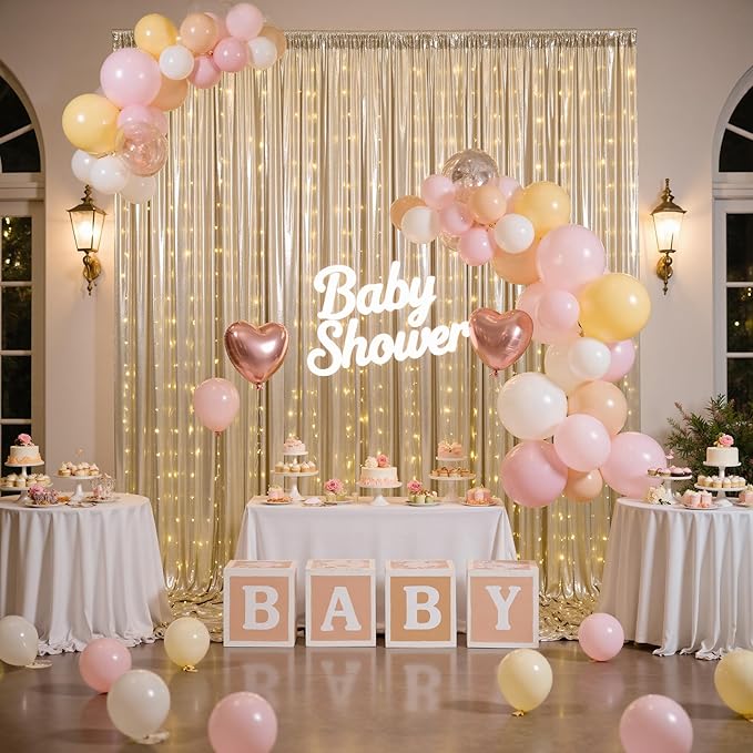 PartyVillage 10x10FT Champagne Gold Sequin Backdrop Curtain with String Lights – 2 Panels 5x10FT Sparkly Wrinkle-Free Glitter Backdrop Drapes for Wedding, Birthday, Photography, Graduation Party Décor
