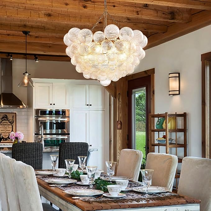 Nordic Bubble Ball Swirled Glass Chandelier, Diam 31" Gild Gold and Clear Modern Hand Blown Glass Pendant Light Fixture for Dining Room, Bedroom, Study, Restaurant, Hallway