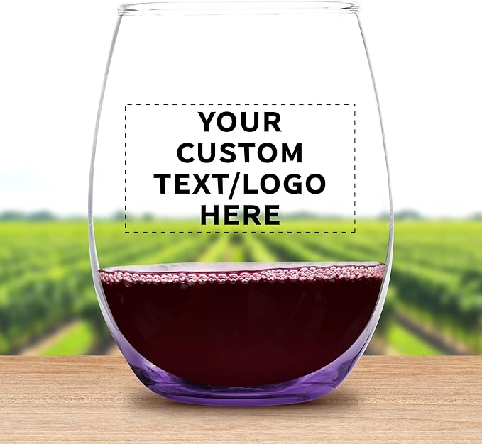 Custom Stemless Wine Glass 9 oz. Set of 50, Personalized Bulk Pack - Great for Wedding Favors, Bachelorette Party Decorations, Party Favors, Color Bottom - Purple