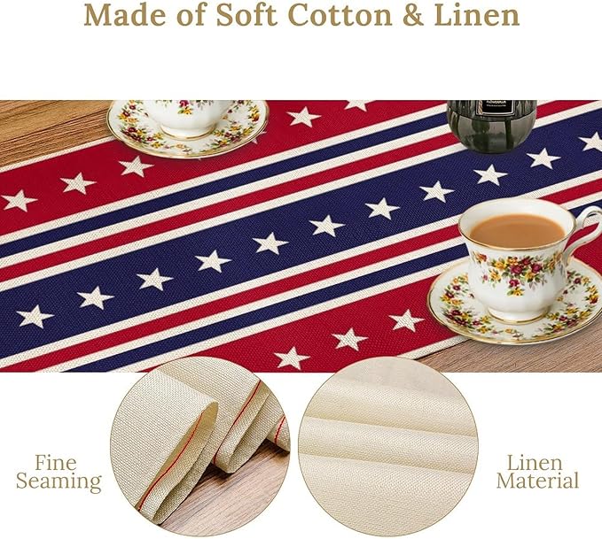 4th of July Table Runner, USA Flag Stars Stripes American Independence Day Red Blue White Stars Lines Print Table Cover for Farmhouse Kitchen Indoor Outdoor Home Party, 13x108inch