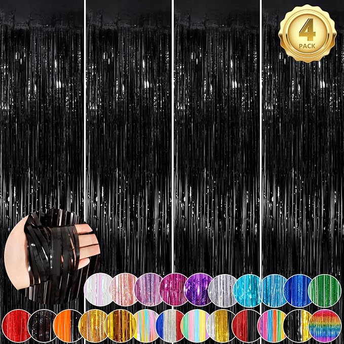 Black Metallic Tinsel Foil Fringe Curtains, 4 Pack 3.3x8.3 Feet Party Streamer Curtains for Birthday Party Decorations, Halloween Decor, Foil Curtain Backdrop for Bachelorette Party