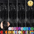 Black Metallic Tinsel Foil Fringe Curtains, 4 Pack 3.3x8.3 Feet Party Streamer Curtains for Birthday Party Decorations, Halloween Decor, Foil Curtain Backdrop for Bachelorette Party