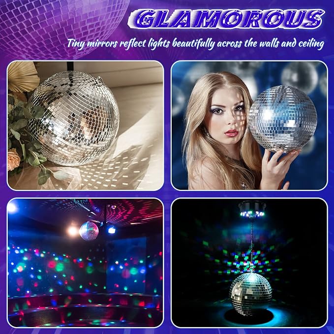 Disco Ball with Motor and Light, 8" Hanging Mirror Ball and 6RPM Batteries Powered Rotating Motor with 4 Light Colors and 18 LEDs for Disco Party Decoration, DJ Club