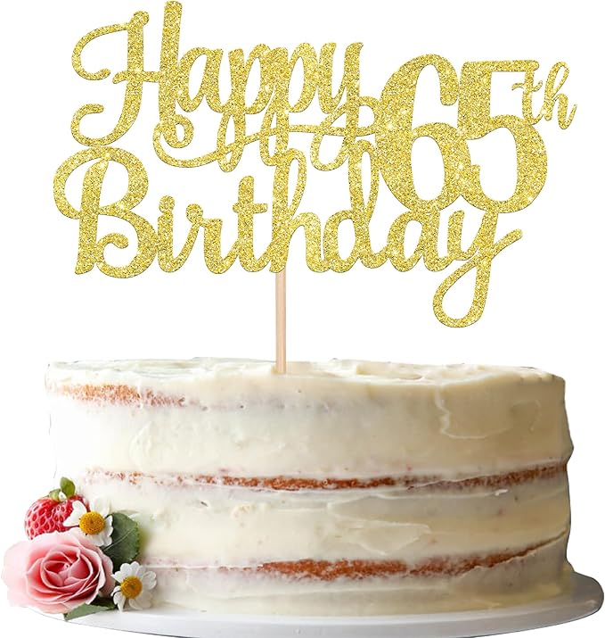 1 PCS Happy 65th Birthday Cake Topper Gold Glitter Cheers to 65 Years Birthday Cake Pick 65 Fabulous Cake Decoration for Happy 65th Birthday Theme Party Decorations Supplies