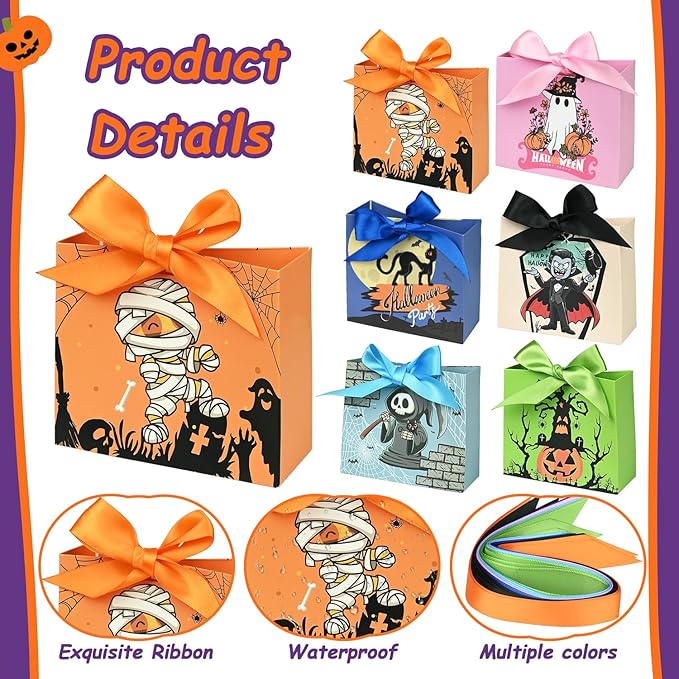 24PCS Halloween Goodies Bags, Trick or Treat Candy Gift Paper Bags Bulk with Ribbons, Halloween Treat Boxes for Kid, Party Favor, Classroom Exchange, Home Decoration 4.5 x 3.9 x 1.7 Inches