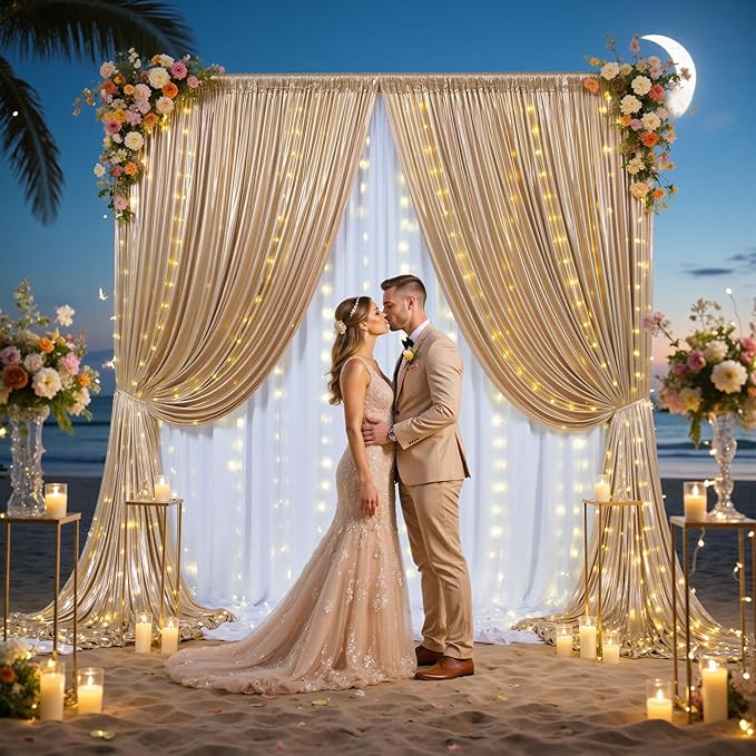 PartyVillage 20x10FT Champagne Gold Sequin Backdrop Curtain with String Lights – 4 Panels 5x10FT Sparkly Wrinkle-Free Glitter Backdrop Drapes for Wedding, Birthday, Photography, Graduation Party Décor