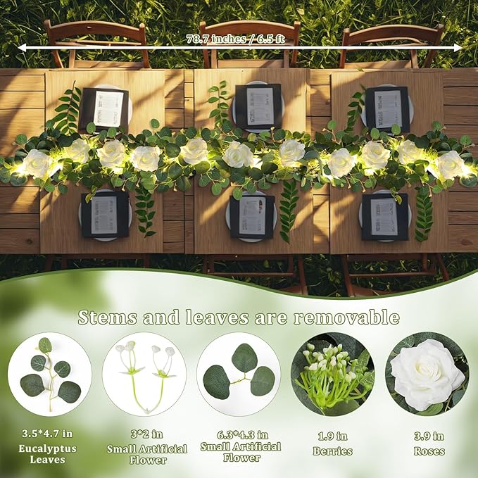 MACTING 6.6FT Flower Garland with Lights Fake Gypsophila Eucalyptus Garland with 12 White Roses Artificial Floral Greenery Vine for Wedding Arch Table Centerpieces Backdrop Party Summer Decorations