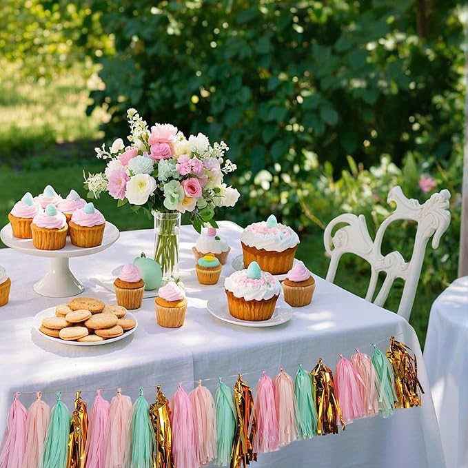 Shiny Tassel Garland Tissue Paper Tassel Banner,Tassels Party Decorations for Wedding,Birthday,Bridal/Baby Shower,Pack of 20 (Gold/Mint/Peach/Pink)