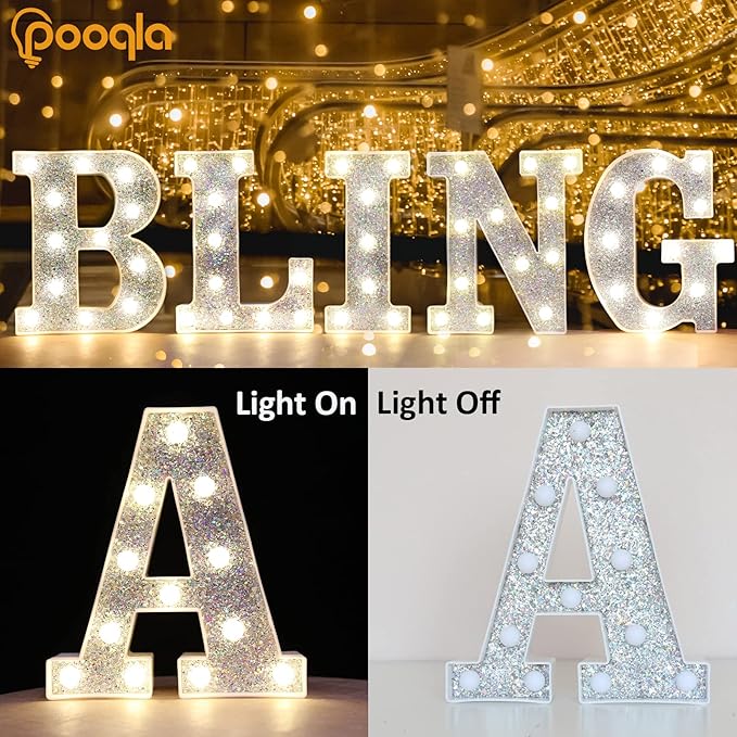 Pooqla Light Up Letters, LED Marquee Letters for Silver Birthday Decorations, Battery Powered Night Light Teenager Girl Room Decor, Gift for Girls Boys Wedding Bedroom Christmas Party Decor, Letter Q
