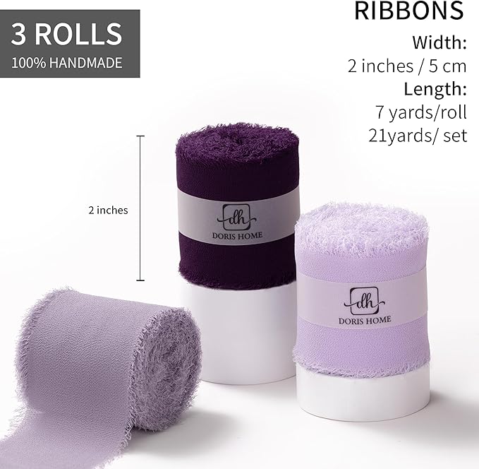 DORIS HOME 2" x21Yd Chiffon Ribbon for Flower Bouquet, Purple Series Fabric Ribbon for Gift Wrapping, Handmade Frayed Ribbon for Wedding/Christmas Decorations