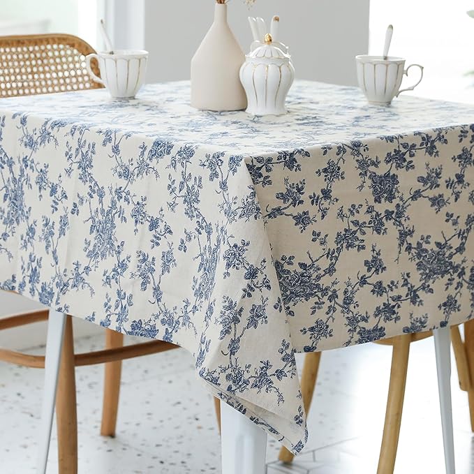 Pastoral Square Tablecloth - 40 x 40 Inch - Beige Linen Table Cloth - Washable Table Cover with Dust-Proof Wrinkle Resistant for Restaurant, Picnic, Indoor and Outdoor Dining, Floral (Dark Blue)