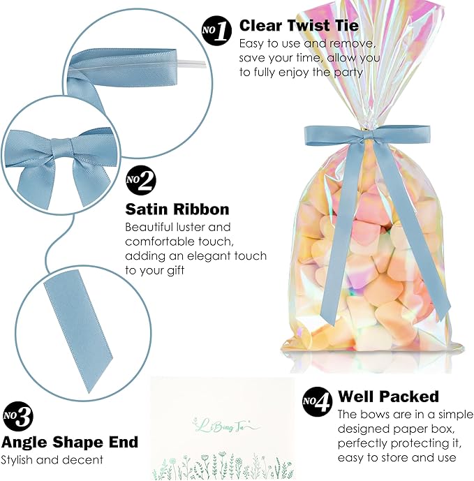 50 PCs Dusty Blue Bow 5 Inch Long Tail Bows for Gift Wrapping, Easter Bow Party Decorations, Twist Tie Bows, Satin Bows for Crafts, Premade Bows for Presents, Treat Bags, Bottles, Cakes