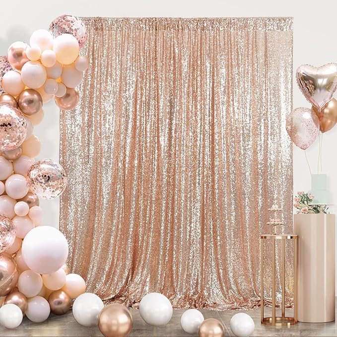 Eternal Beauty Sequin Backdrop Curtain, 8FT x 8FT Rose Gold Background for Valentine's Day Wedding Party Decor