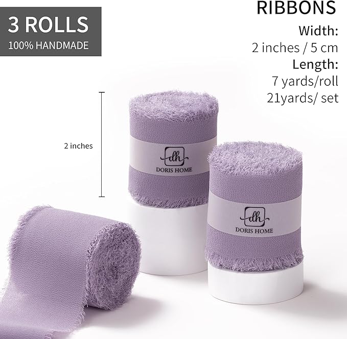 DORIS HOME Pastle Purple Chiffon Ribbon for Flower Bouquet, 2" x21Yd Fabric Ribbon for Gift Wrapping, Handmade Frayed Ribbon for Wedding/Christmas Decorations