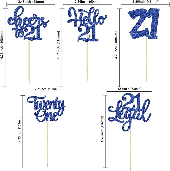 30pcs 21st Birthday Cupcake Toppers - Legal 21st Cupcake Picks - Cheers to 21 Years Old Cake Decorations - Deep Blue Glitter