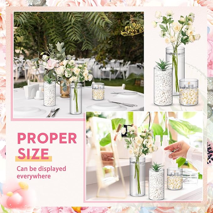 Nuogo 48 Pcs Plastic Cylinder Vases Tall Clear Flower Vases for Centerpieces Hurricane Candle Holder for Home Wedding Office Party Formal Dinners Decorations (4''/6''/8'')