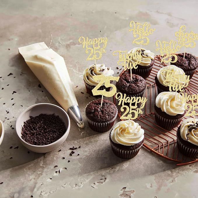 30pcs 25th Birthday Cupcake Toppers - 25th Anniversary Cake Decorations with Gold Glitter