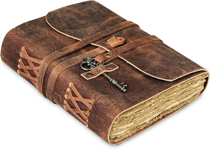 Leather Journal with Lined and Unlined Deckle Edge Paper 8x6 inch and Vintage Key | Handmade Writing Notebook Diary | Bound Daily Notepad for Men & Women Medium, Sketch/Writing pad for Artists