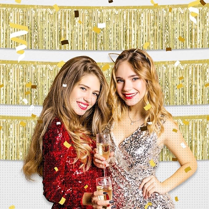 4 Pack 10 Feet Light Gold Foil Fringe Garland Metallic Tinsel Streamers Banner Wall Hanging Curtain Backdrop for Parade Floats, Wedding, Graduate, Mother's Day, Birthday Party Decoration