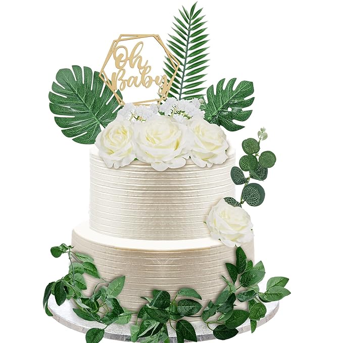 34-piece Wood Cake Topper Set - Boho Cake Decorations with Artificial Eucalyptus Leaves for Gender Reveal Parties, Birthdays, and Weddings