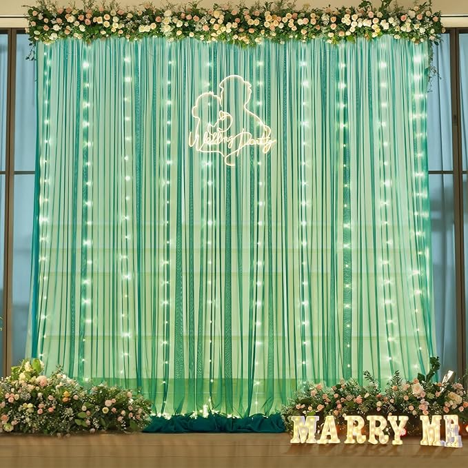 Hunter Green Tulle Backdrop Curtains with Lights String for Parites 10x10ft Sheer Backdrop Curtains Drapes for Birthday Party Bridal Shower Baby Shower Photo Booth Background Decorations