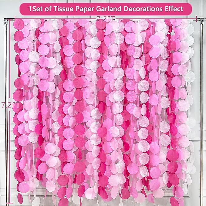 205Ft Hot Pink Party Decorations Big Polka Dots Backdrop Garland Rose Pink Circle Dots Tissue Paper Hanging Curtain Streamer for Bachelorette Birthday Bridal Shower Wedding Engagement Party Supplies