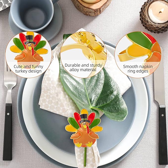 Halatool Thanksgiving Turkey Napkin Rings Set of 8, Alloy Fall Napkin Rings Dinner Tables Holders for Thanksgiving Weddings Holidays Gathering Dinner Party Decorations