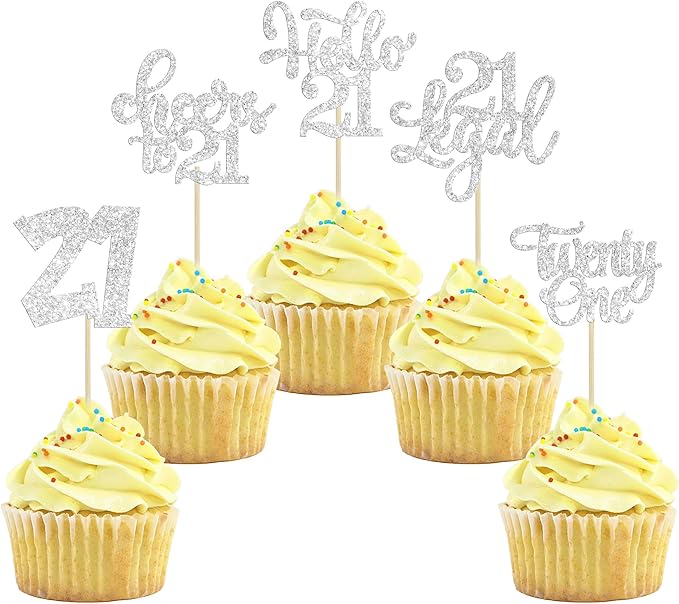 30pcs 21st Birthday Cupcake Toppers - Twenty One Legal 21st Cupcake Picks - Cheers to 21 Years Old - Silver Glitter Cake Decorations
