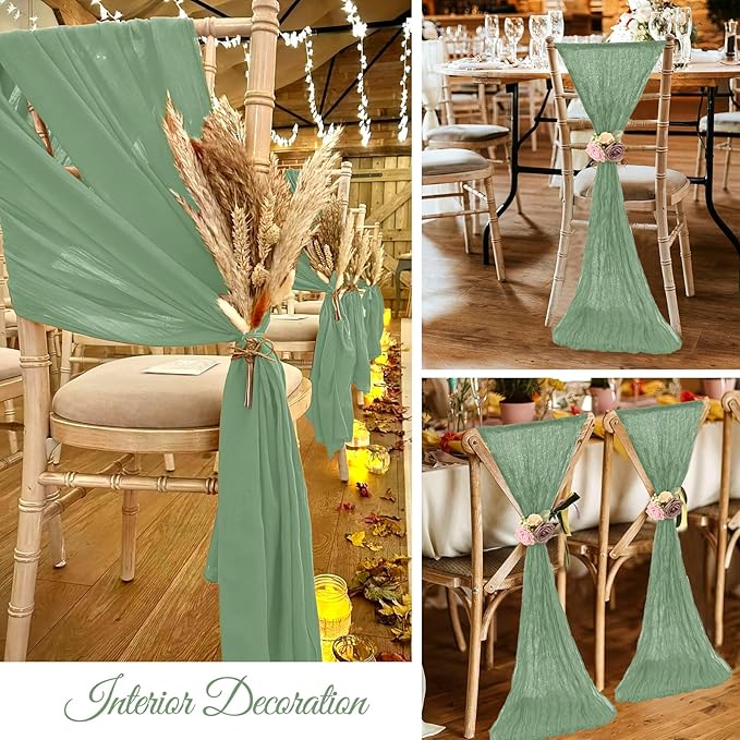 36 Pcs Sage Green Cheesecloth Chair Sashes, 16 x 108 inch Gauze Fabric Washable Chair Sashes Bows Designed for Aisle Decorations Universal Chair Cover Decor for Wedding Reception Party Banquet