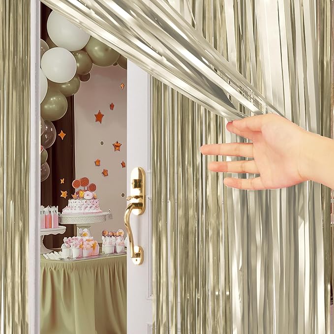 4 Pack Metallic Champagne Gold Fringe Backdrop, 3.2x8.2ft Shining Foil Tinsel Curtains, Birthday Party Decorations Door Streamers for Halloween, Christmas, Wedding, Graduation, Holiday, Theme Events