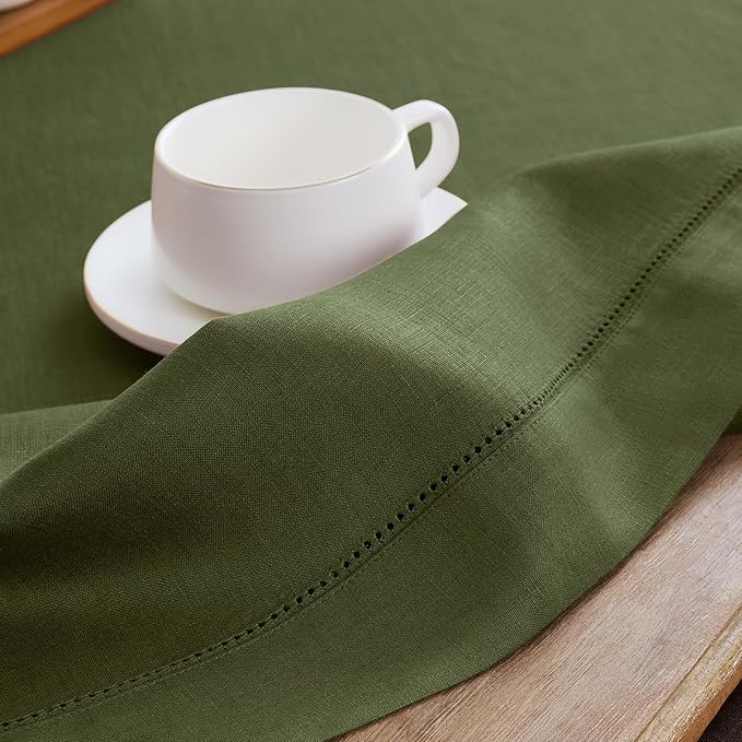 Solino Home Linen Olive Table Runner 120 Inches Long - 100% Pure Linen Hemstitch 14 x 120 Inch Table Runner for Dining, Fall, Autumn, Thanksgiving - Classic Hemstitch