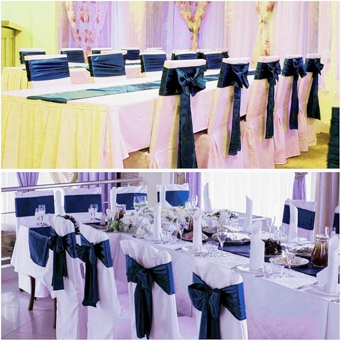 50 PCS Satin Chair Sashes Bows Decorative Universal Chair Cover Chairs Ribbon Ties Back Sash for Wedding Party Halloween Ceremony Reception Hotel Banquet Events Restaurant Decor(7 x 108inch,Navy Blue)