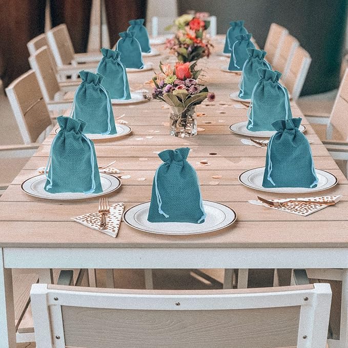 20Pcs Burlap Bags with Drawstring, 5.9x7.5 inch Burlap Gift Bag Linen Jewelry Pouches for Wedding Favors, Party, DIY Craft (Peacock Blue)