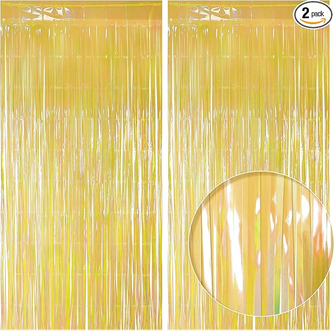 2 Pack Yellow Iridescent Streamers Backdrop, 3.3x6.6ft Foil Fringe Curtains Gold Holographic Door Tinsel Streamers for Birthday, Wedding, Holiday, Bachelorette, Theme Party Decorations