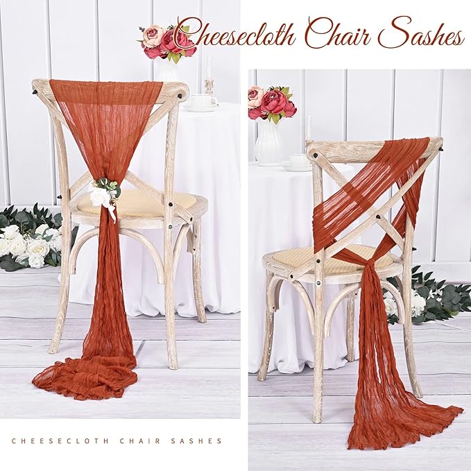 36 Pcs Terracotta Cheesecloth Chair Sashes, 16 x 108 inch Gauze Fabric Washable Chair Sashes Bows Designed for Aisle Decorations Universal Chair Cover Decor for Wedding Reception Party Banquet