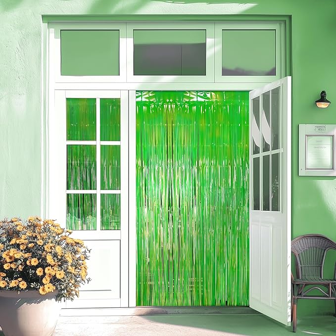 2 Pack Green Iridescent Streamers Backdrop, 3.3x6.6ft Foil Fringe Curtains Holographic Door Tinsel Streamers for Birthday, Wedding, Holiday, Bachelorette, Christmas Theme Party Decorations