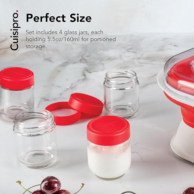 Cuisipro Jars with Lids, 6 Oz Glass Jars with Airtight Lid Wide Mouth, 4 Pack, Canning Jars for Liquid, Glass Container for Yogurt, Spice, Red
