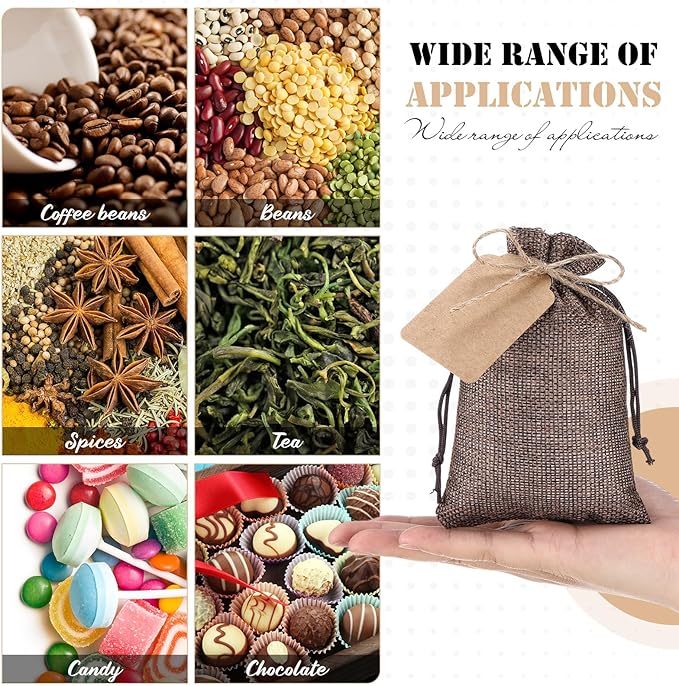 Woanger 100 Pcs Burlap Gift Bags with 100 Pcs Kraft Paper Gift Tags with Drawstring Favor Bulk Burlap Sack Bags for DIY Wedding Party Craft (4 x 6 Inch,Hemp, Beige, Medium Brown, Dark Brown)