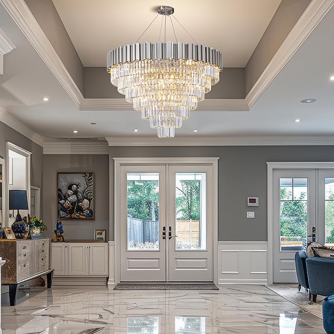 39" Silver Crystal Chandelier, 21-Light Modern Luxury Round Chandelier, 7-Tier Contemporary Tiered Chandeliers Light Fixture for Dining Room, Living Room, Bedroom, Foyer, Entryway, Kitchen