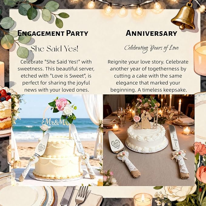 Wedding Cake Knife and Server Set – Rustic Lace Burlap Handle, Stainless Steel Blades, Vintage Wedding Cake Cutting Set for Bride & Groom, Anniversary, Engagement Gift