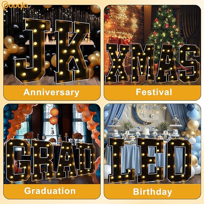 Pooqla 3 FT Marquee Light Up Letters, Black Marquee Letter Lights 3 Feet Tall, Giant LED Sign Big Mosaic Letters for Balloons Birthday Party Anniversary Wedding Decorations, Warm White Y
